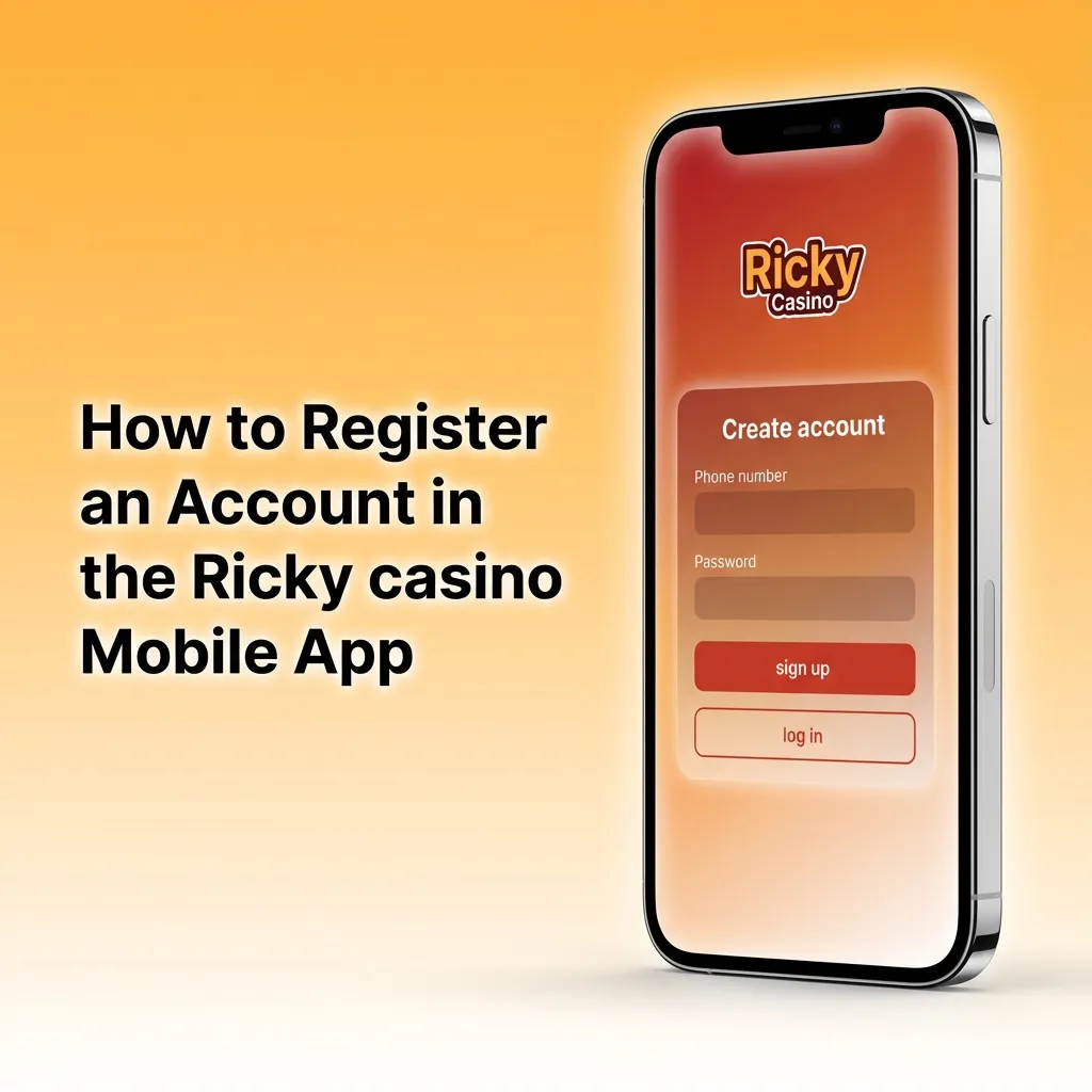 Illustrated steps on a phone screen showing how to register a new account in the Ricky casino mobile app