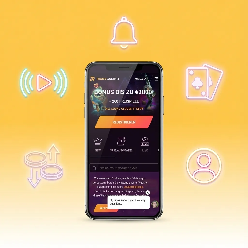Smartphone showing Ricky casino app with live sports odds, pokies, fast banking icons, and Aussie payment methods