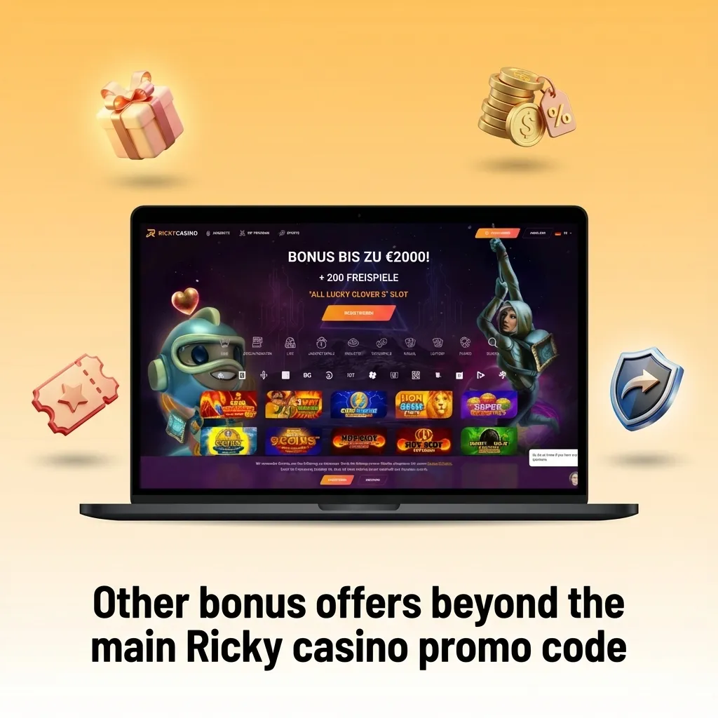 Colorful Ricky casino promo banner highlighting reload bonuses, free spins, cashback, VIP rewards, and seasonal promo codes