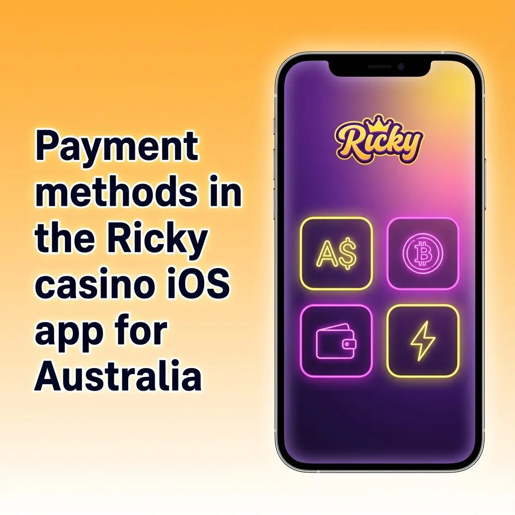 Ricky casino iOS app payment screen showing AU$20+ deposits via cards, e-wallets, vouchers, and major cryptocurrencies.