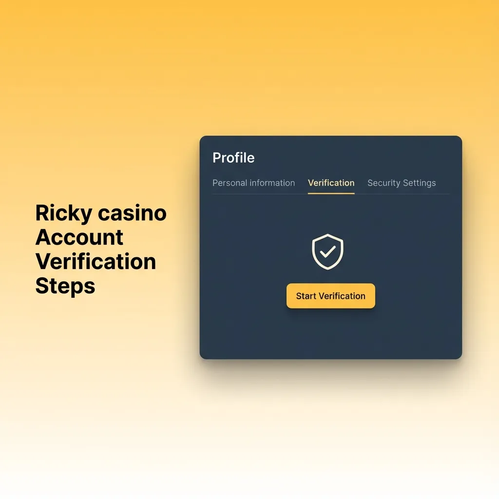 Illustrated checklist of five Ricky Casino account verification steps with icons for profile, ID, address, payments, and approval