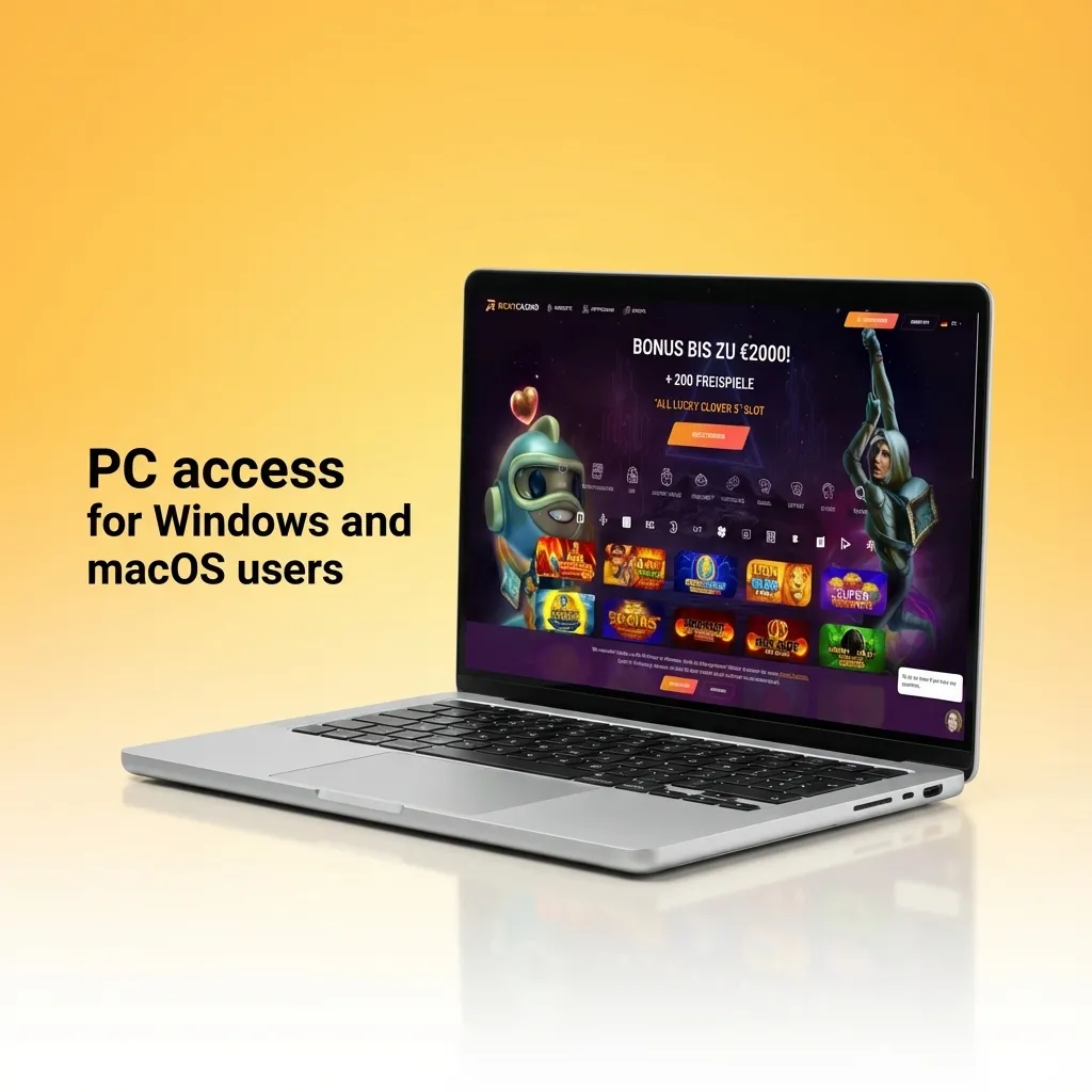 Laptop screen showing Ricky Casino website open in a browser, with icons for Chrome, Edge, Firefox, and Safari nearby