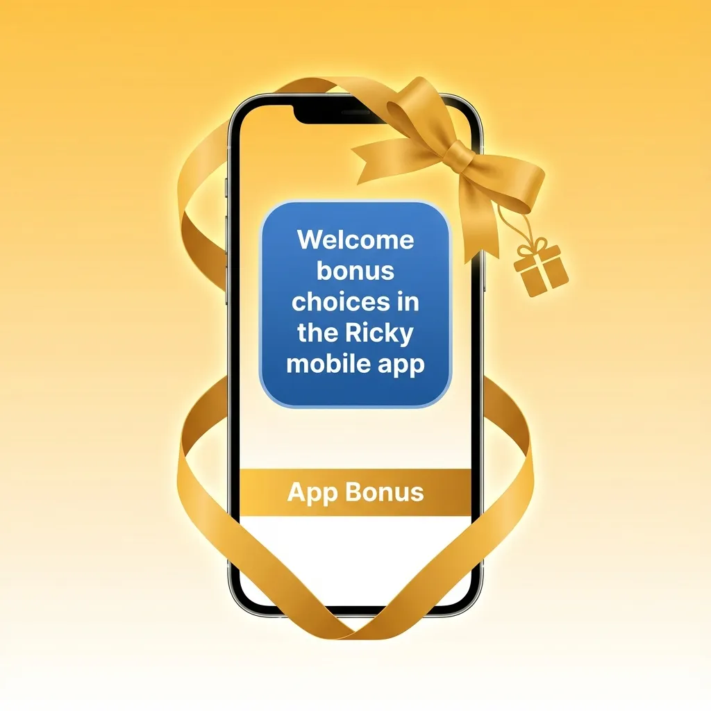 Phone screen showing Ricky casino app welcome bonus choices for sports betting or casino games with deposit match offers.